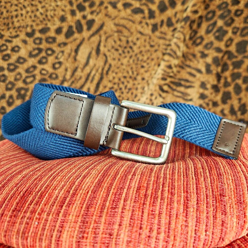 Goodfellow & Co Men's Blue Herringbone Belt Brown Trim Buckle Sz XL 1.5 in W42